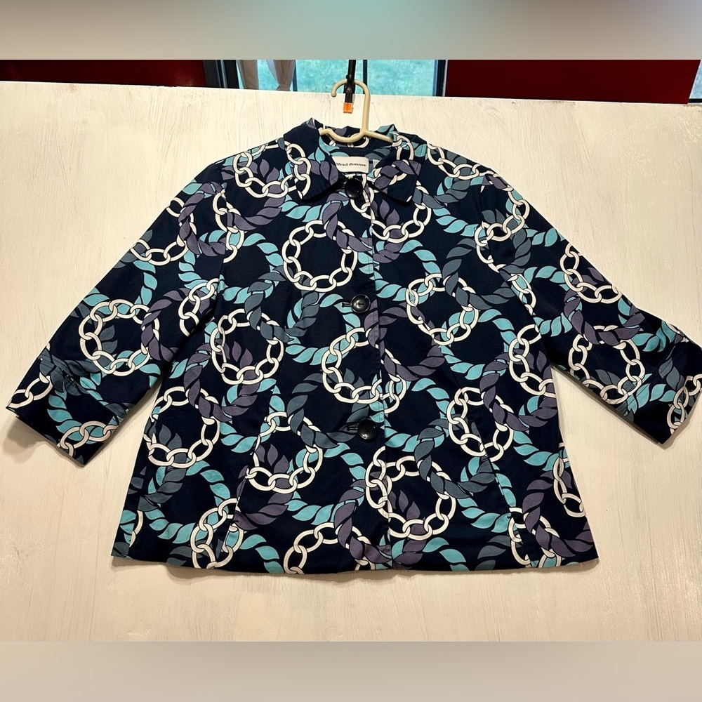 Alfred Dunner Jacket Women’s Size 10 Navy Blue Chain Print Cotton Blend Retro - Picture 1 of 8